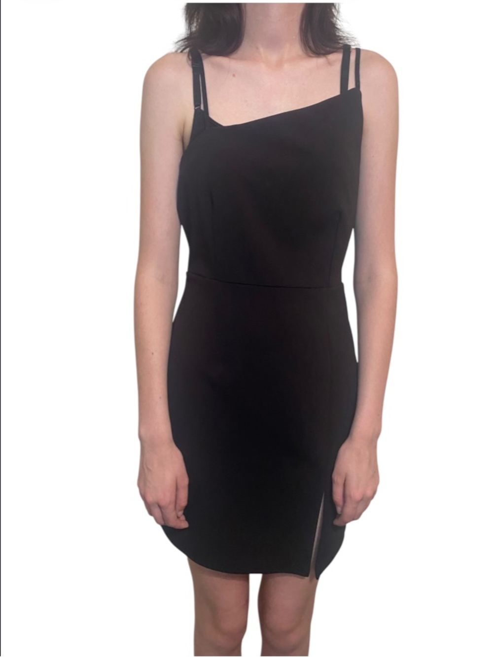 Just Quells Asymmetric Strappy Little Black Mini Dress with slit size xs